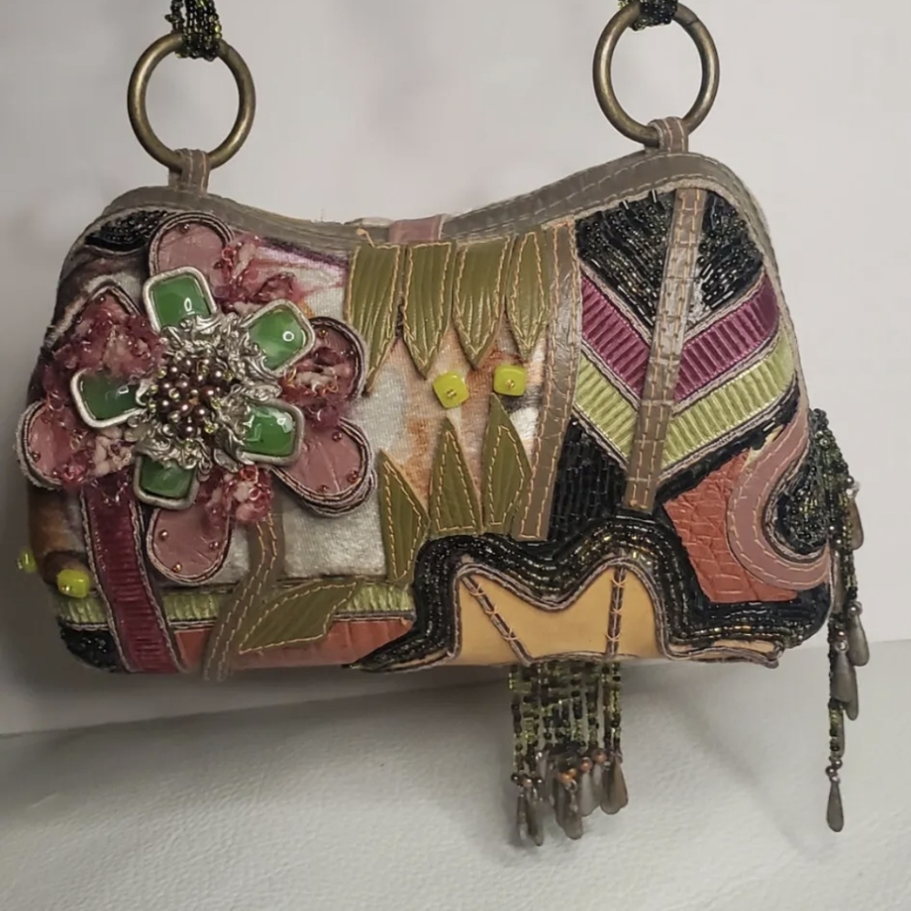 UNIQUE VINTAGE FRANCES Multi Color Beaded/Patchwork Clutch Shoulder Bag.